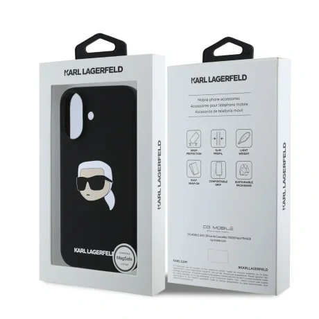 Carcasă spate Karl Lagerfeld din silicon lichid Karl Head MagSafe pentru iPhone 16, neagră