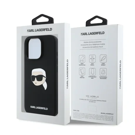 Carcasă spate Karl Lagerfeld din silicon lichid Karl Head MagSafe pentru iPhone 16 Pro, neagră