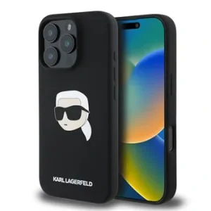 Carcasă spate Karl Lagerfeld din silicon lichid Karl Head MagSafe pentru iPhone 16 Pro, neagră