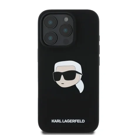 Carcasă spate Karl Lagerfeld din silicon lichid Karl Head MagSafe pentru iPhone 16 Pro, neagră