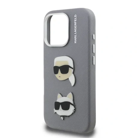 Carcasă spate Karl Lagerfeld Grained PU K&amp;amp;CH Heads pentru iPhone 16 Pro, gri