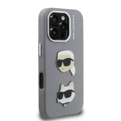 Carcasă spate Karl Lagerfeld Grained PU K&amp;amp;CH Heads pentru iPhone 16 Pro, gri