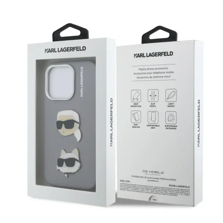 Carcasă spate Karl Lagerfeld Grained PU K&amp;amp;CH Heads pentru iPhone 16 Pro, gri
