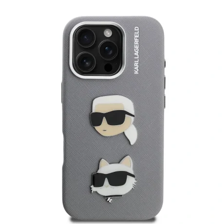 Carcasă spate Karl Lagerfeld Grained PU K&amp;amp;CH Heads pentru iPhone 16 Pro, gri
