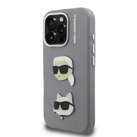Carcasă spate Karl Lagerfeld Grained PU K&amp;amp;CH Heads pentru iPhone 16 Pro Max, gri