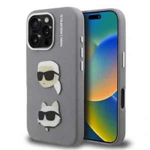 Carcasă spate Karl Lagerfeld Grained PU K&amp;amp;CH Heads pentru iPhone 16 Pro Max, gri