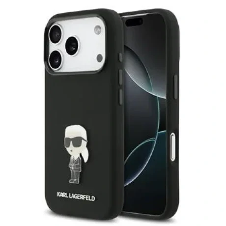 Carcasă spate Karl Lagerfeld Ikonik din silicon lichid metalic pentru iPhone 17 Pro, neagră