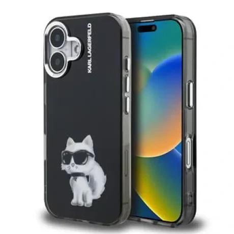 Carcasă spate Karl Lagerfeld IML Aquarelle Choupette pentru iPhone 16, neagră