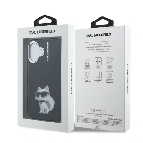 Carcasă spate Karl Lagerfeld IML Aquarelle Choupette pentru iPhone 16, neagră