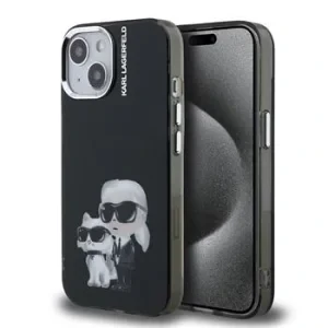 Carcasă spate Karl Lagerfeld IML Aquarelle Karl and Choupette pentru iPhone 15, neagră