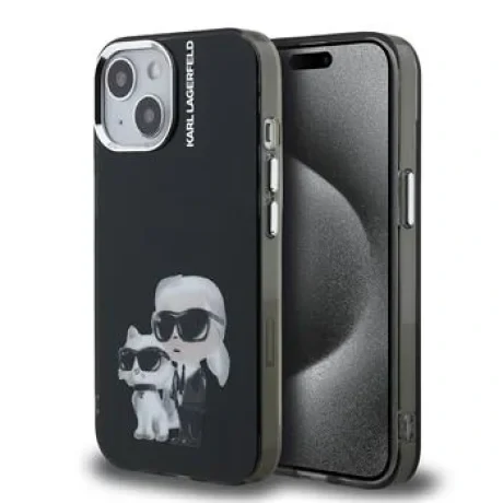Carcasă spate Karl Lagerfeld IML Aquarelle Karl and Choupette pentru iPhone 15, neagră