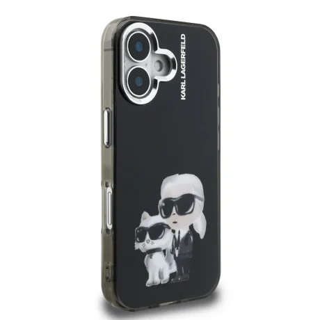 Carcasă spate Karl Lagerfeld IML Aquarelle Karl and Choupette pentru iPhone 16, neagră
