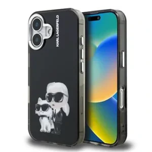 Carcasă spate Karl Lagerfeld IML Aquarelle Karl and Choupette pentru iPhone 16, neagră