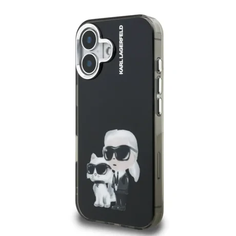 Carcasă spate Karl Lagerfeld IML Aquarelle Karl and Choupette pentru iPhone 16, neagră