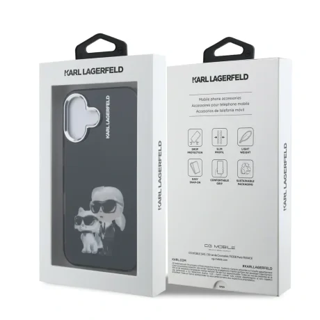 Carcasă spate Karl Lagerfeld IML Aquarelle Karl and Choupette pentru iPhone 16, neagră