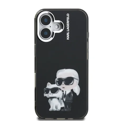 Carcasă spate Karl Lagerfeld IML Aquarelle Karl and Choupette pentru iPhone 16, neagră