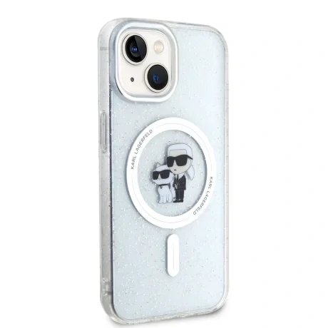 Carcasă spate Karl Lagerfeld IML Glitter Karl and Choupette MagSafe pentru iPhone 15, transparentă