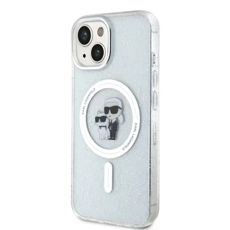 Carcasă spate Karl Lagerfeld IML Glitter Karl and Choupette MagSafe pentru iPhone 15, transparentă