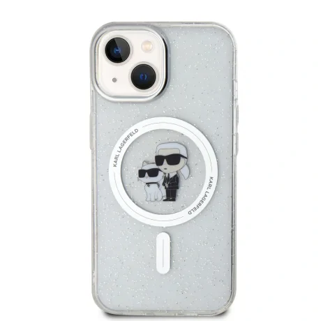 Carcasă spate Karl Lagerfeld IML Glitter Karl and Choupette MagSafe pentru iPhone 15, transparentă