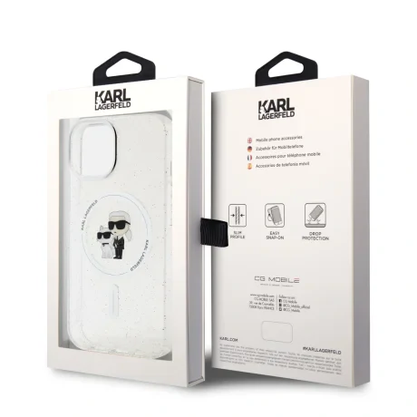 Carcasă spate Karl Lagerfeld IML Glitter Karl and Choupette MagSafe pentru iPhone 15, transparentă