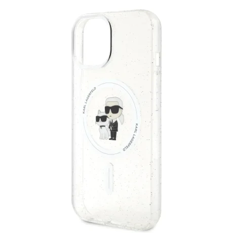 Carcasă spate Karl Lagerfeld IML Glitter Karl and Choupette MagSafe pentru iPhone 15, transparentă