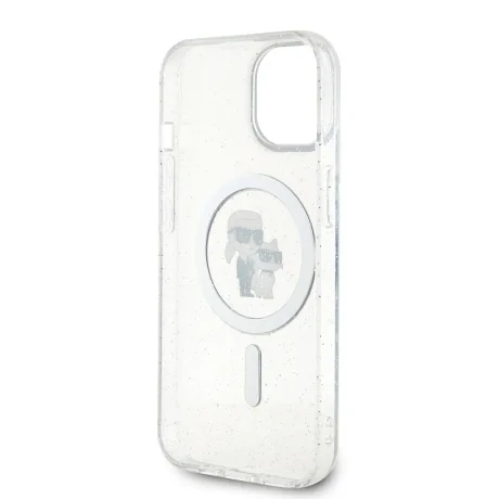 Carcasă spate Karl Lagerfeld IML Glitter Karl and Choupette MagSafe pentru iPhone 15, transparentă