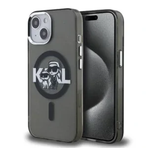 Carcasă spate Karl Lagerfeld IML Glitter Karl and Choupette Sketch MagSafe pentru iPhone 15, neagră