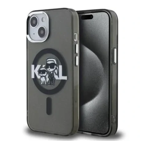 Carcasă spate Karl Lagerfeld IML Glitter Karl and Choupette Sketch MagSafe pentru iPhone 15, neagră