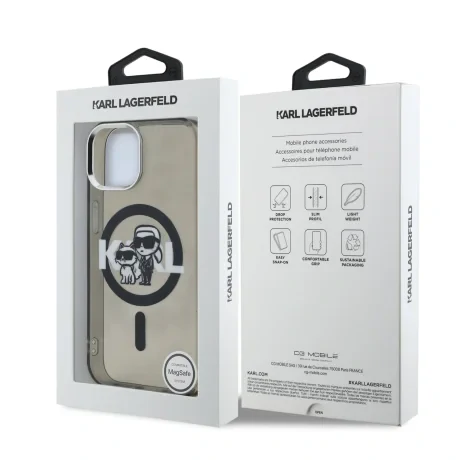Carcasă spate Karl Lagerfeld IML Glitter Karl and Choupette Sketch MagSafe pentru iPhone 15, neagră