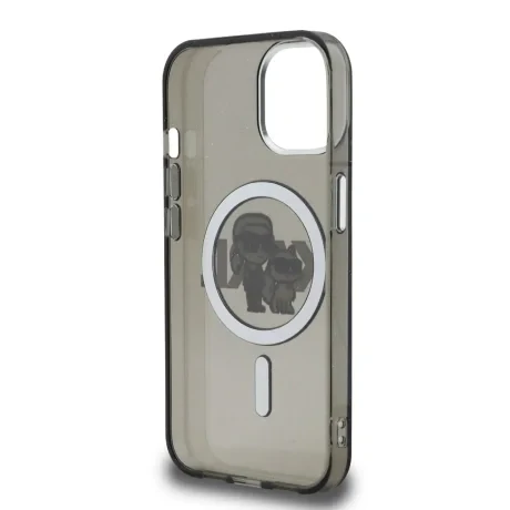 Carcasă spate Karl Lagerfeld IML Glitter Karl and Choupette Sketch MagSafe pentru iPhone 15, neagră