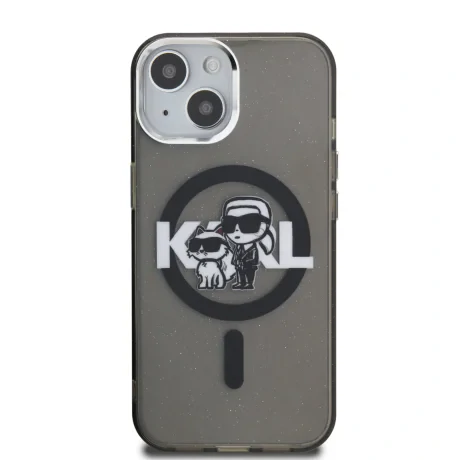 Carcasă spate Karl Lagerfeld IML Glitter Karl and Choupette Sketch MagSafe pentru iPhone 15, neagră
