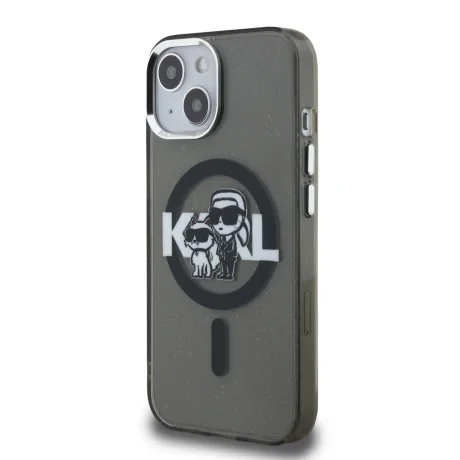 Carcasă spate Karl Lagerfeld IML Glitter Karl and Choupette Sketch MagSafe pentru iPhone 15, neagră