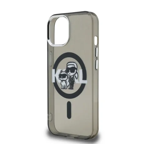 Carcasă spate Karl Lagerfeld IML Glitter Karl and Choupette Sketch MagSafe pentru iPhone 15, neagră