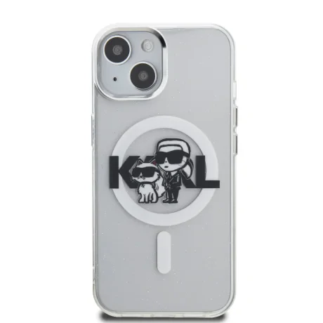 Carcasă spate Karl Lagerfeld IML Glitter Karl and Choupette Sketch MagSafe pentru iPhone 15, transparentă