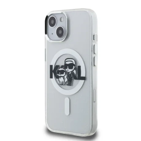 Carcasă spate Karl Lagerfeld IML Glitter Karl and Choupette Sketch MagSafe pentru iPhone 15, transparentă