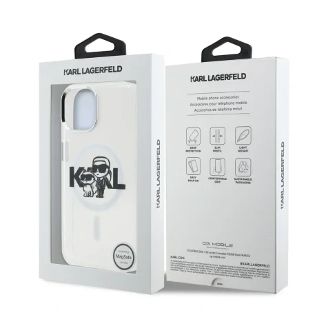 Carcasă spate Karl Lagerfeld IML Glitter Karl and Choupette Sketch MagSafe pentru iPhone 15, transparentă