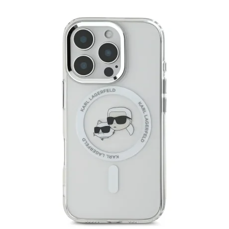 Carcasă spate Karl Lagerfeld IML K&amp;amp;CH Heads cu ramă metalică MagSafe pentru iPhone 16 Pro Max, transparentă