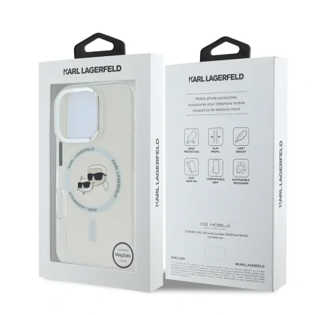 Carcasă spate Karl Lagerfeld IML K&amp;amp;CH Heads cu ramă metalică MagSafe pentru iPhone 16 Pro Max, transparentă