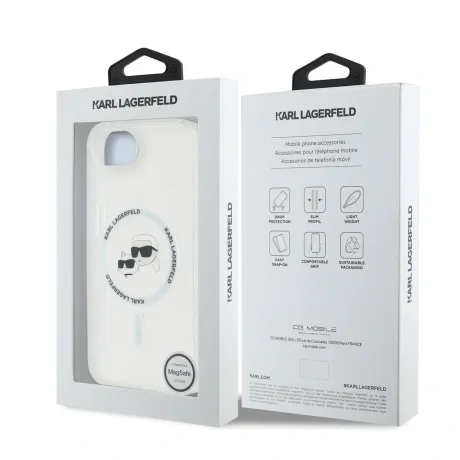 Carcasă spate Karl Lagerfeld IML K&amp;amp;CH Heads cu ramă metalică MagSafe pentru iPhone 16e/17e, transparentă