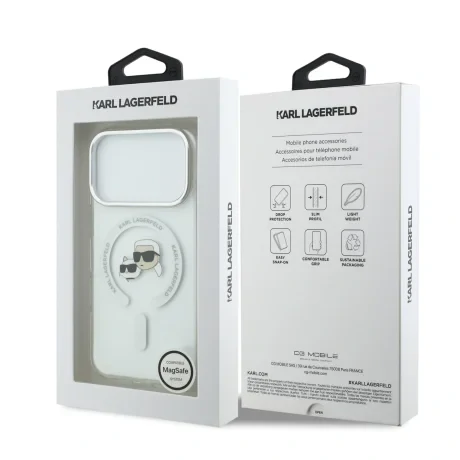 Carcasă spate Karl Lagerfeld IML K&amp;amp;CH Heads cu ramă metalică MagSafe pentru iPhone 17 Pro, transparentă