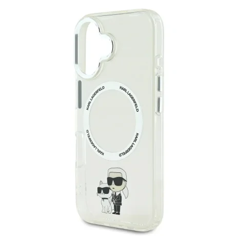 Carcasă spate Karl Lagerfeld IML Karl and Choupette MagSafe pentru iPhone 16, transparentă