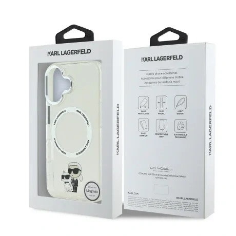 Carcasă spate Karl Lagerfeld IML Karl and Choupette MagSafe pentru iPhone 16, transparentă