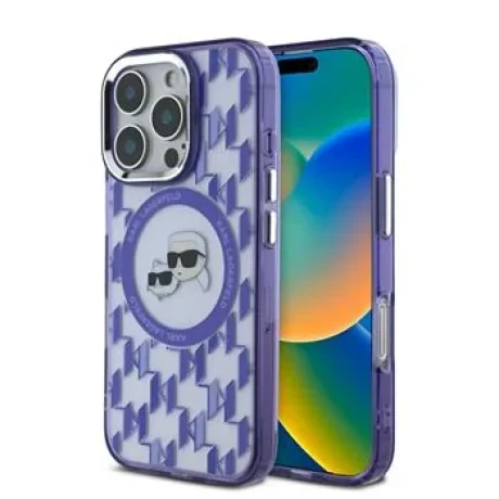 Carcasă spate Karl Lagerfeld IML Monogram K&amp;amp;CH Heads MagSafe pentru iPhone 16 Pro, violet