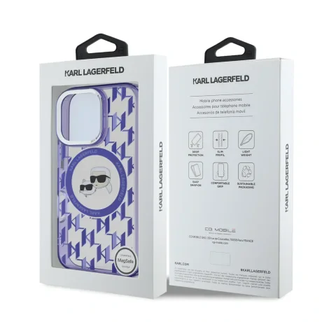 Carcasă spate Karl Lagerfeld IML Monogram K&amp;amp;CH Heads MagSafe pentru iPhone 16 Pro, violet