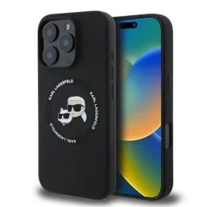 Carcasă spate Karl Lagerfeld K&amp;amp;CH Heads MagSafe din silicon lichid pentru iPhone 16 Pro Max, neagră