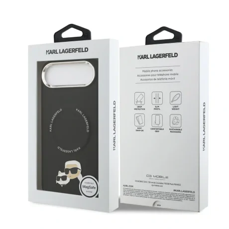 Carcasă spate Karl Lagerfeld PU cu capete de Karl și Choupette, MagSafe, neagră, pentru iPhone Air
