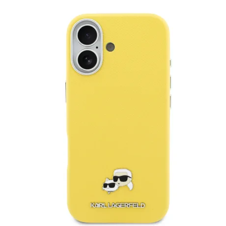Carcasă spate Karl Lagerfeld PU cu capete de Karl și Choupette, MagSafe, pentru iPhone 17, galbenă