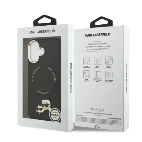 Carcasă spate Karl Lagerfeld PU cu capete de Karl și Choupette, MagSafe, pentru iPhone 17, neagră