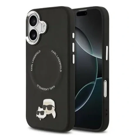 Carcasă spate Karl Lagerfeld PU cu capete de Karl și Choupette, MagSafe, pentru iPhone 17, neagră