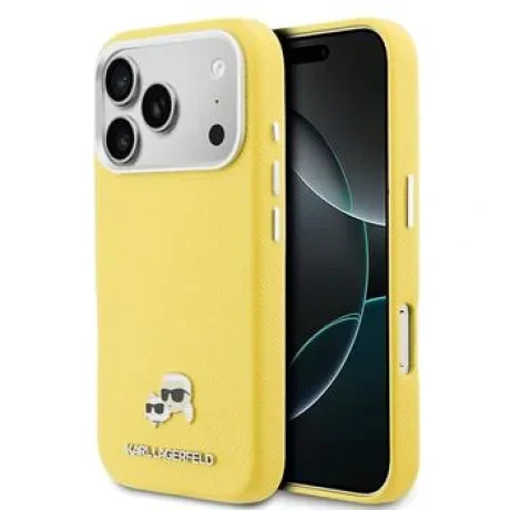 Carcasă spate Karl Lagerfeld PU cu capete de Karl și Choupette, MagSafe, pentru iPhone 17 Pro, galbenă